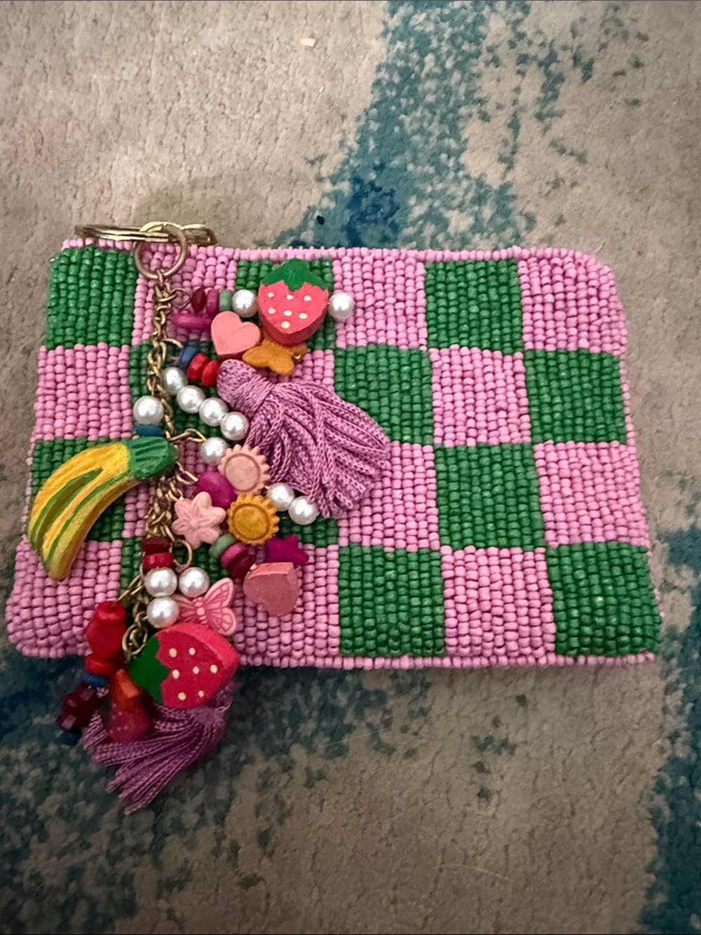 Anthropologie beaded Pink & Green Checkerboard coin purse with Tassel Charm